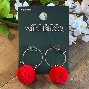 Wild Fable Red Pom Pom Hoop Earrings Gold Tone Fun Statement NWT